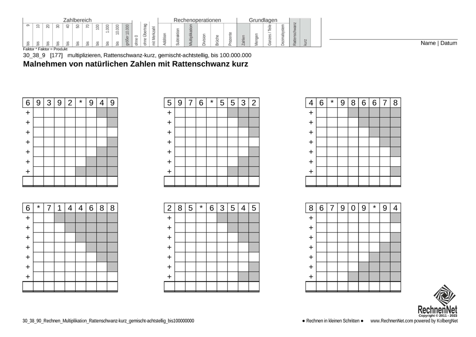 30_38_9 Rechnen Multiplikation Rattenschwanz-kurz gemischt-achtstellig bis100000000