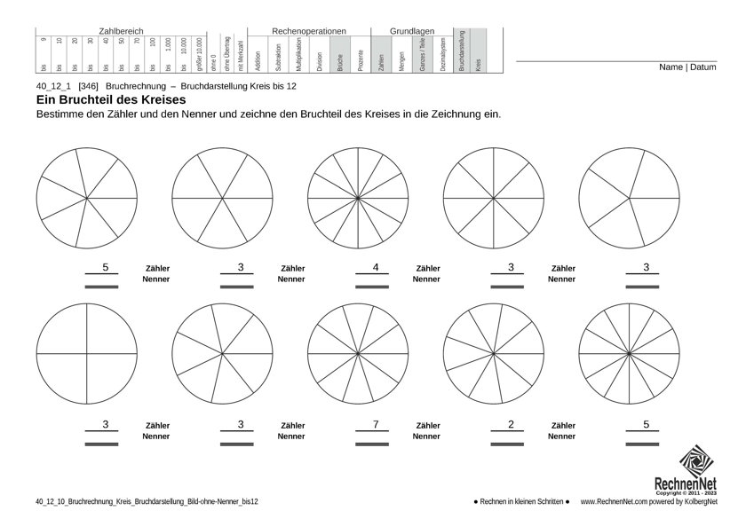 40_12_1 Bruchrechnung Kreis Bruchdarstellung Bild-ohne-Nenner bis12