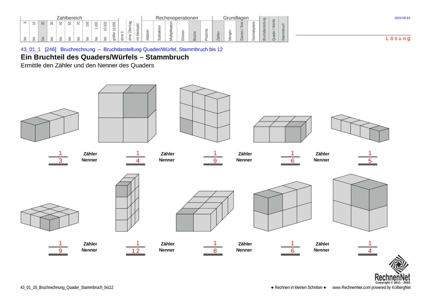 Lösung: 43_01_1 Bruchrechnung Quader Stammbruch bis12