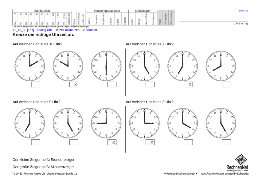 Lösung: 71_10_3 Rechnen Analog-Uhr 12-Stunden Uhrzeit ankreuzen
