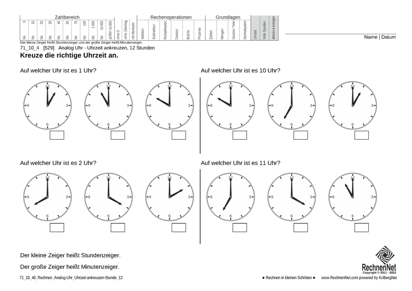 71_10_4 Rechnen Analog-Uhr 12-Stunden Uhrzeit ankreuzen