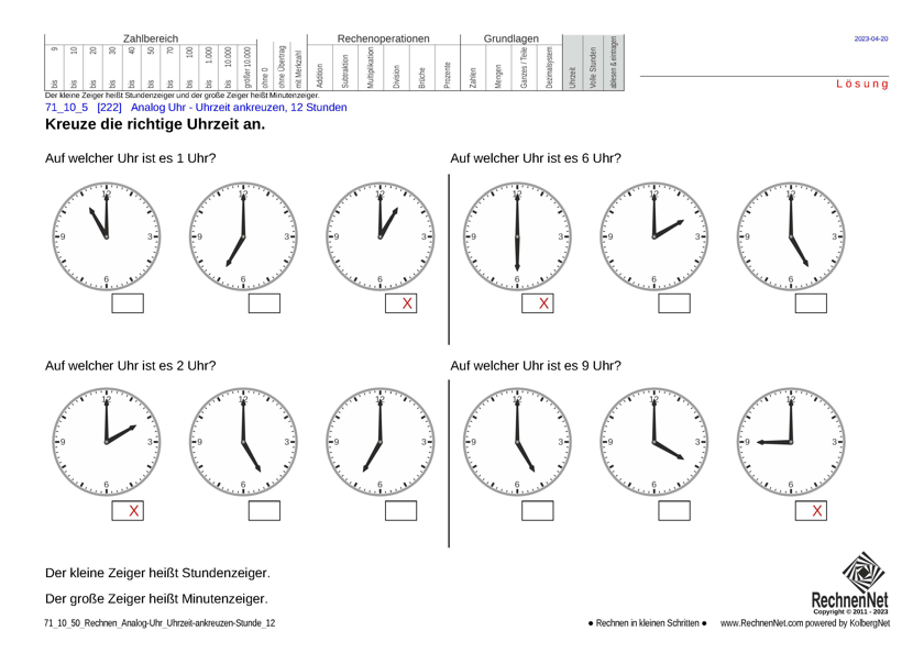 Lösung: 71_10_5 Rechnen Analog-Uhr 12-Stunden Uhrzeit ankreuzen