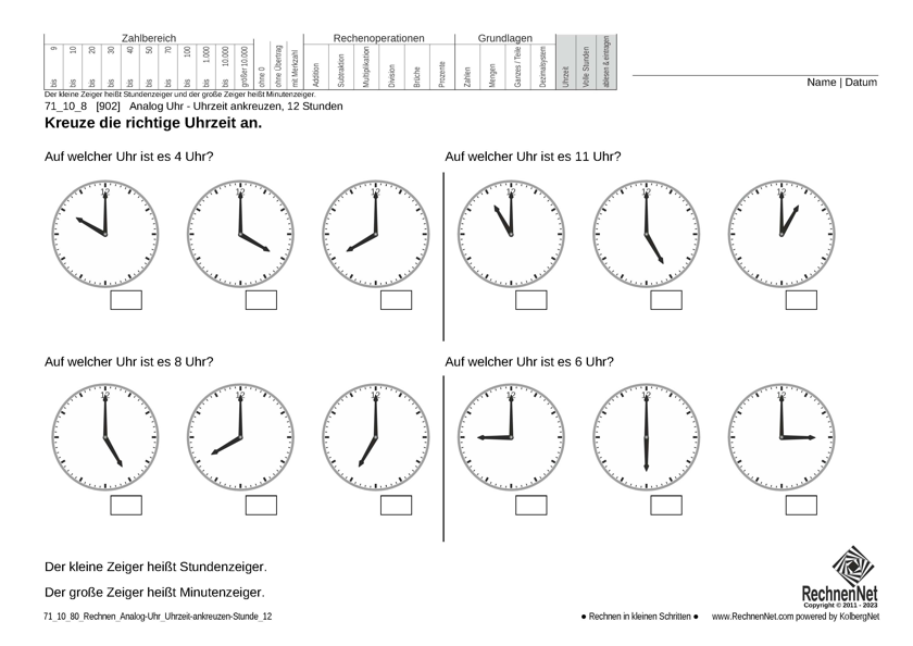 71_10_8 Rechnen Analog-Uhr 12-Stunden Uhrzeit ankreuzen