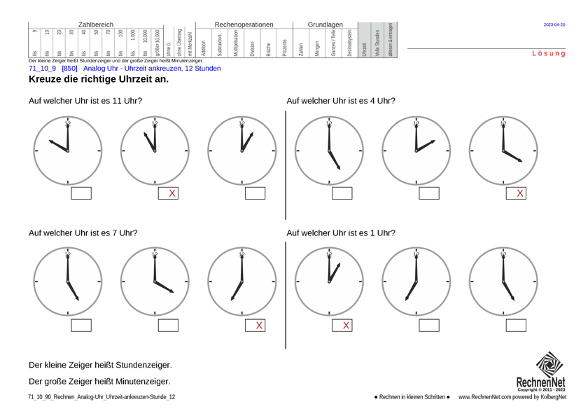Lösung: 71_10_9 Rechnen Analog-Uhr 12-Stunden Uhrzeit ankreuzen