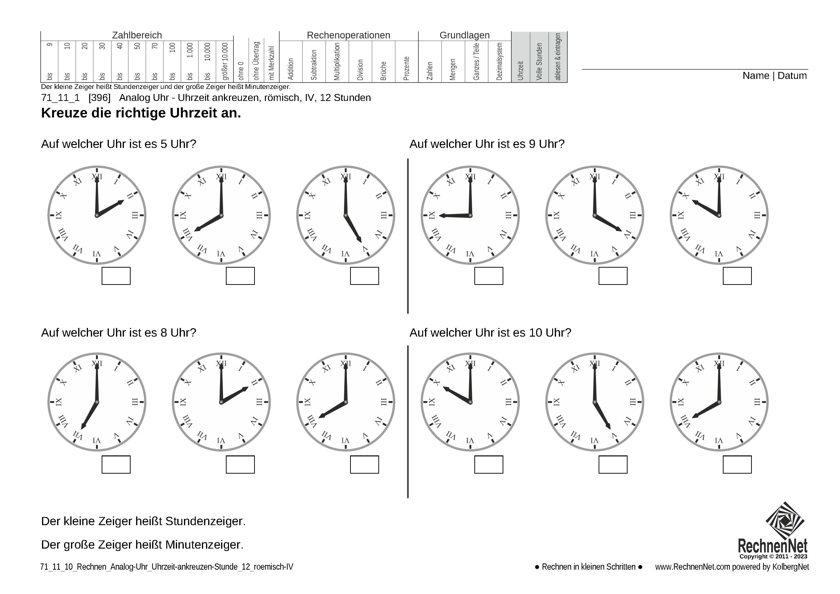 71_11_1 Rechnen Analog-Uhr 12-Stunden Uhrzeit ankreuzen römisch IV
