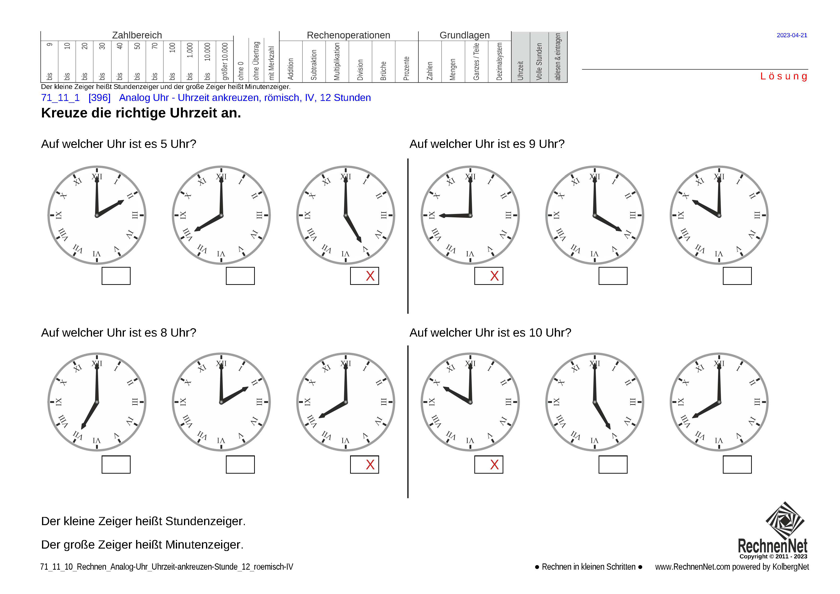 Lösung: 71_11_1 Rechnen Analog-Uhr 12-Stunden Uhrzeit ankreuzen römisch IV