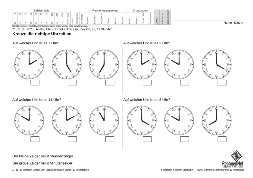 71_11_2 Rechnen Analog-Uhr 12-Stunden Uhrzeit ankreuzen römisch IIII 71_11_2 Rechnen Analog-Uhr 12-Stunden Uhrzeit ankreuzen römisch IIII