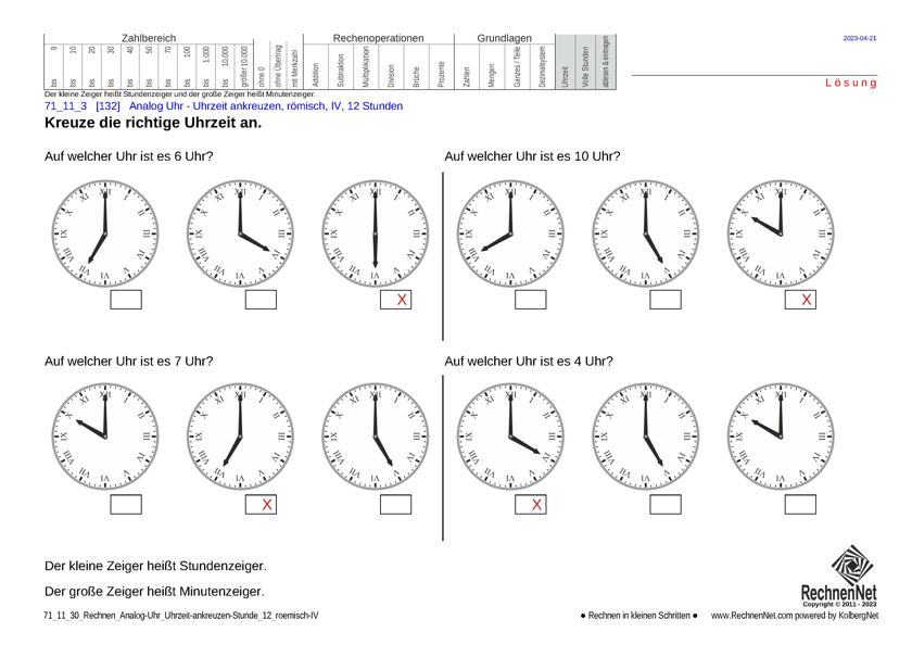 Lösung: 71_11_3 Rechnen Analog-Uhr 12-Stunden Uhrzeit ankreuzen römisch IV Lösung: 71_11_3 Rechnen Analog-Uhr 12-Stunden Uhrzeit ankreuzen römisch IV