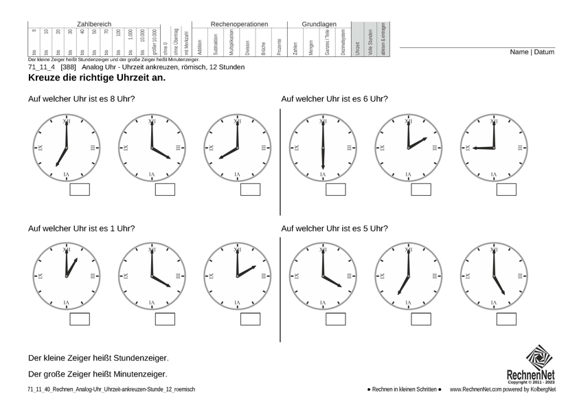 71_11_4 Rechnen Analog-Uhr 12-Stunden Uhrzeit ankreuzen römisch 71_11_4 Rechnen Analog-Uhr 12-Stunden Uhrzeit ankreuzen römisch