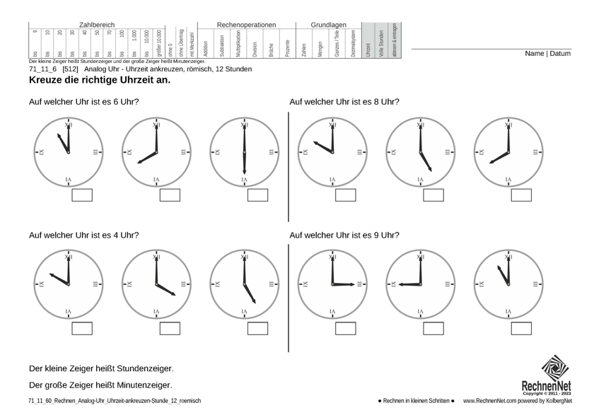 71_11_6 Rechnen Analog-Uhr 12-Stunden Uhrzeit ankreuzen römisch 71_11_6 Rechnen Analog-Uhr 12-Stunden Uhrzeit ankreuzen römisch