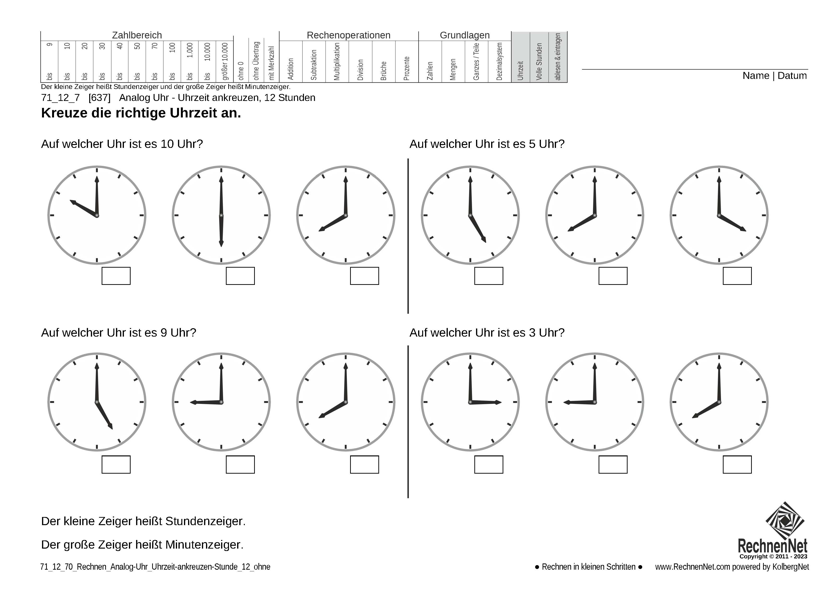 71_12_7 Rechnen Analog-Uhr 12-Stunden Uhrzeit ankreuzen ohne