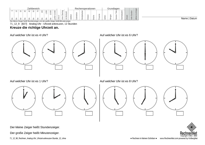 71_12_9 Rechnen Analog-Uhr 12-Stunden Uhrzeit ankreuzen ohne