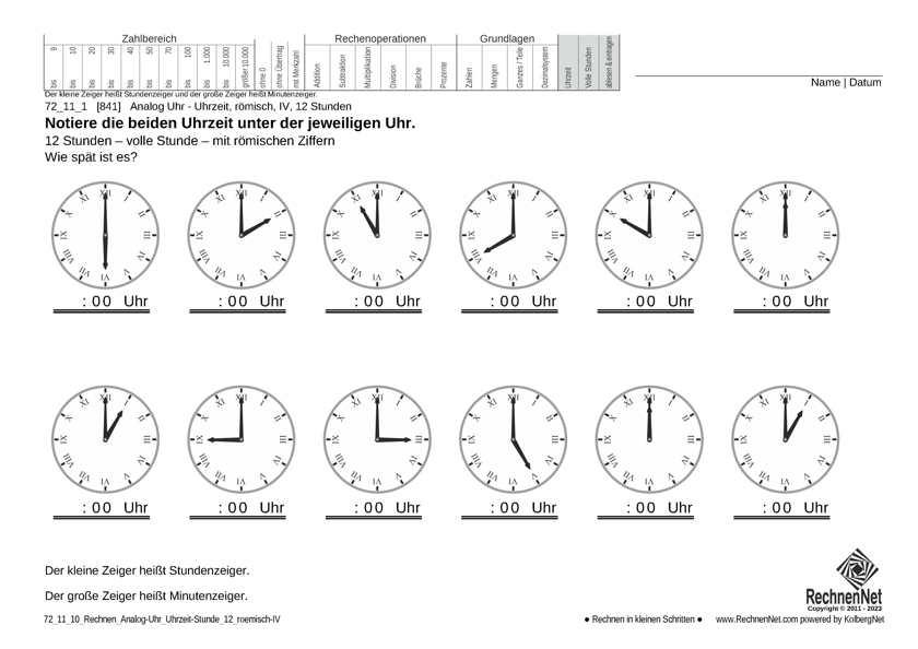 72_11_1 Rechnen Analog-Uhr 12-Stunden Uhrzeit römisch IV