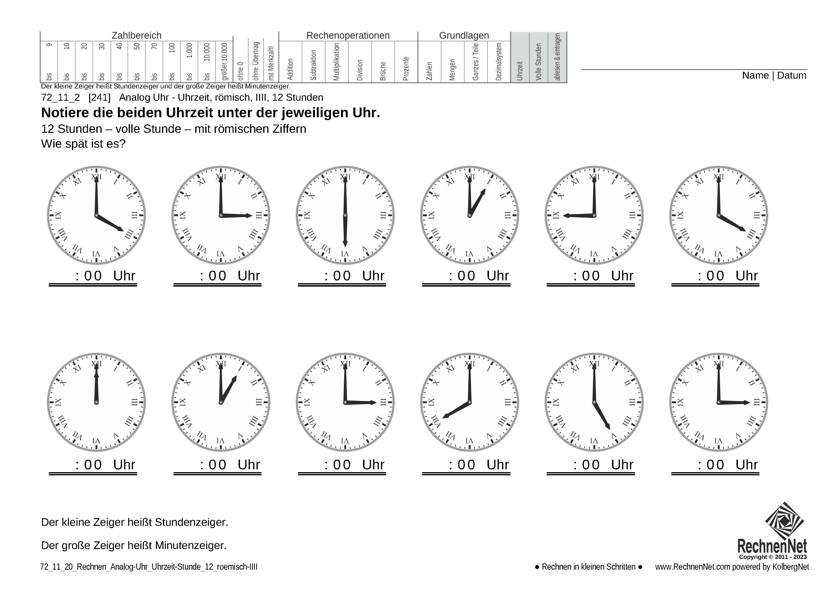 72_11_2 Rechnen Analog-Uhr 12-Stunden Uhrzeit römisch IIII
