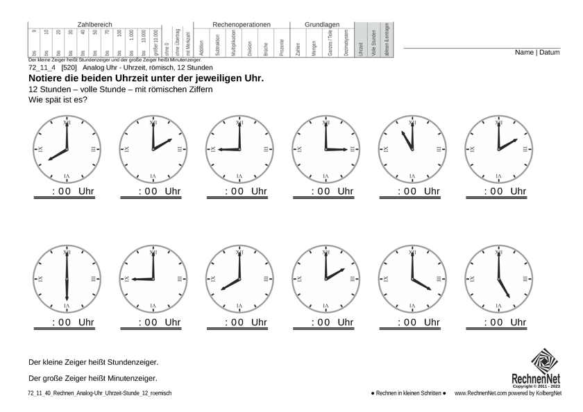 72_11_4 Rechnen Analog-Uhr 12-Stunden Uhrzeit römisch