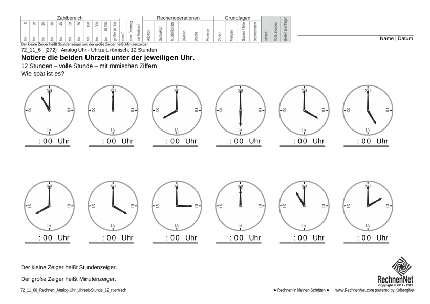 72_11_6 Rechnen Analog-Uhr 12-Stunden Uhrzeit römisch