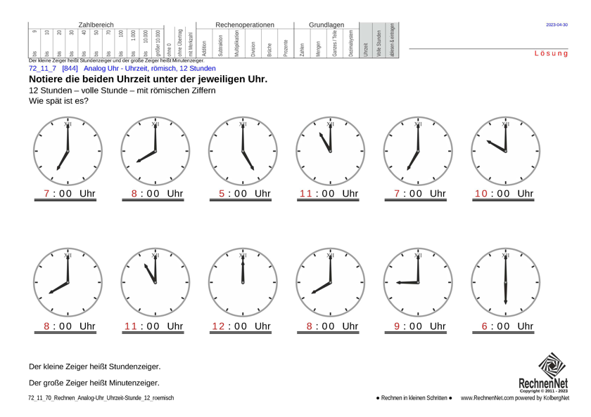 Lösung: 72_11_7 Rechnen Analog-Uhr 12-Stunden Uhrzeit römisch