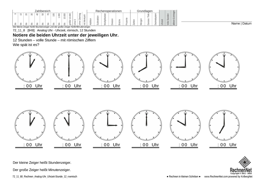72_11_8 Rechnen Analog-Uhr 12-Stunden Uhrzeit römisch