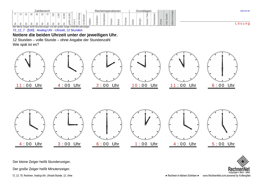 Lösung: 72_12_7 Rechnen Analog-Uhr 12-Stunden Uhrzeit ohne