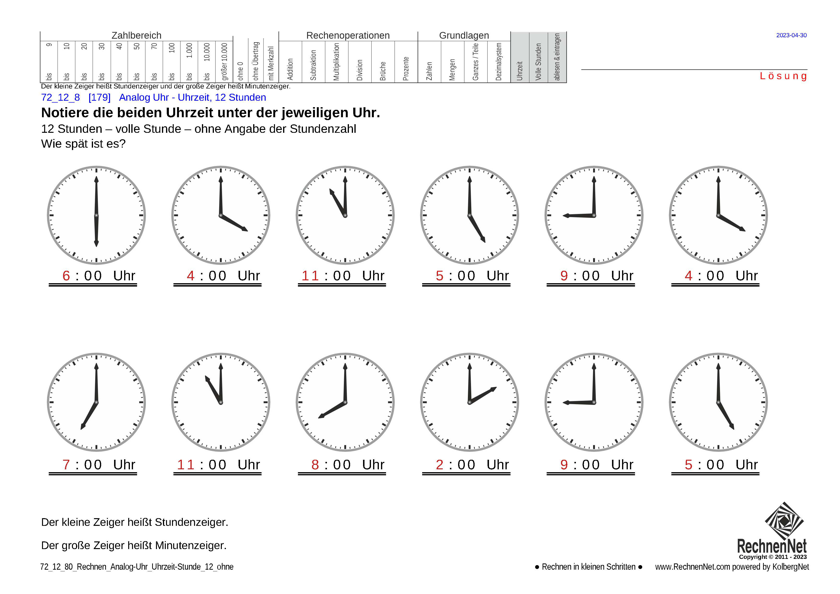 Lösung: 72_12_8 Rechnen Analog-Uhr 12-Stunden Uhrzeit ohne