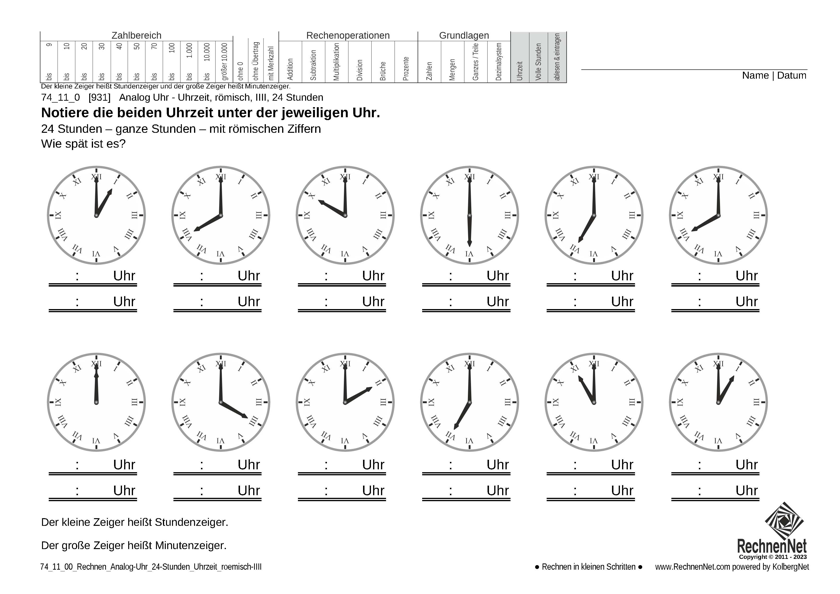 74_11_0 Rechnen Analog-Uhr 24-Stunden Uhrzeit römisch IIII