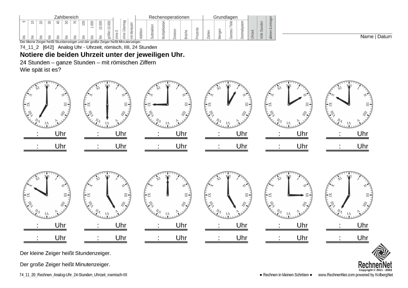 74_11_2 Rechnen Analog-Uhr 24-Stunden Uhrzeit römisch IIII