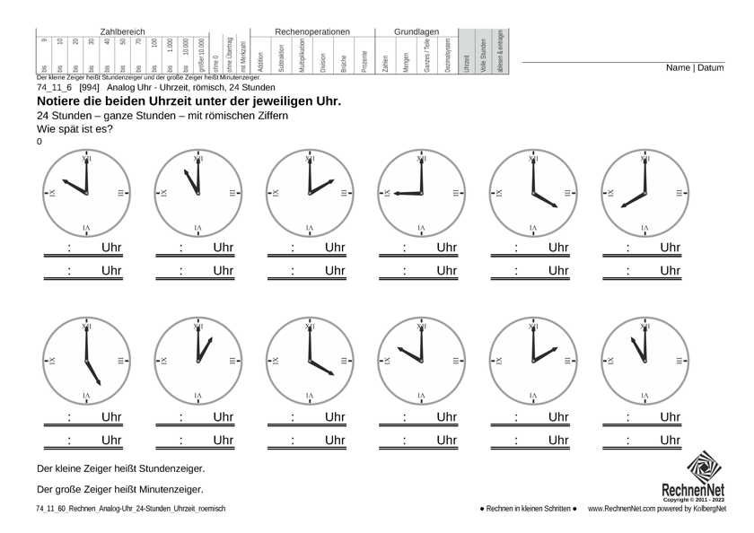 74_11_6 Rechnen Analog-Uhr 24-Stunden Uhrzeit römisch