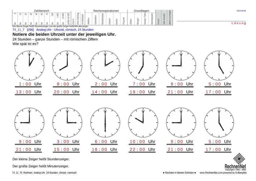 Lösung: 74_11_7 Rechnen Analog-Uhr 24-Stunden Uhrzeit römisch