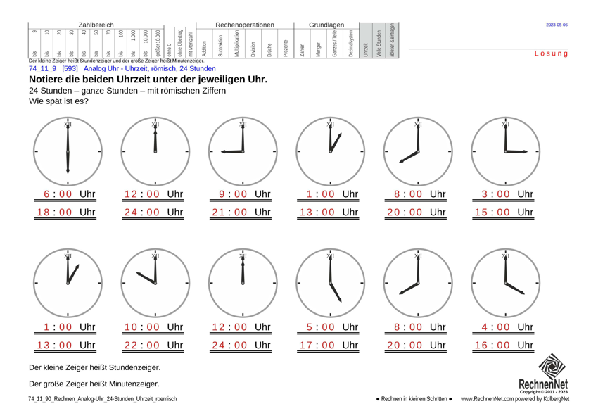 Lösung: 74_11_9 Rechnen Analog-Uhr 24-Stunden Uhrzeit römisch