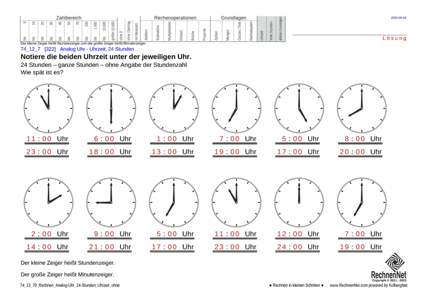 Lösung: 74_12_7 Rechnen Analog-Uhr 24-Stunden Uhrzeit ohne