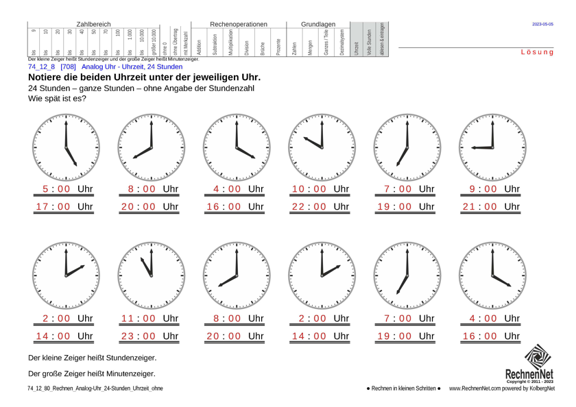 Lösung: 74_12_8 Rechnen Analog-Uhr 24-Stunden Uhrzeit ohne