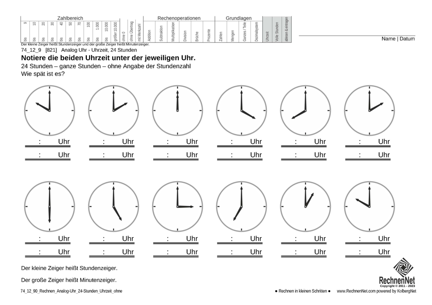74_12_9 Rechnen Analog-Uhr 24-Stunden Uhrzeit ohne