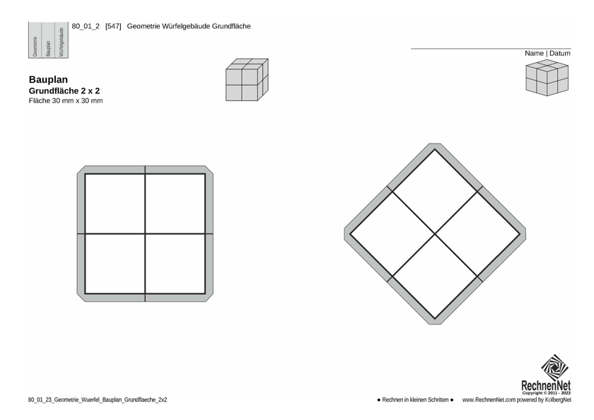 80_01_23 Geometrie Würfel Bauplan Grundfläche 2x2 30mm