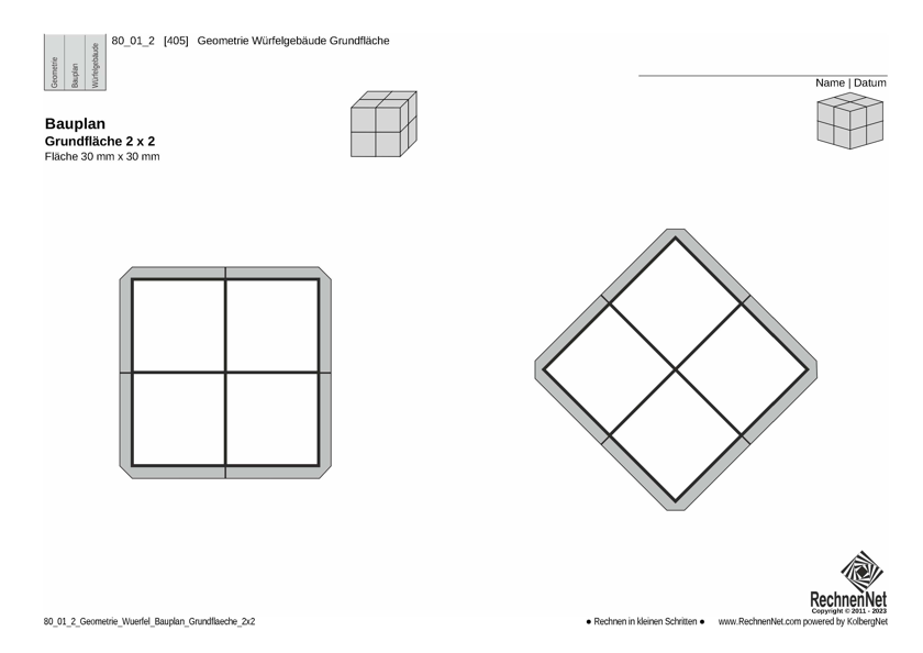 80_01_2 Geometrie Würfel Bauplan Grundfläche 2x2