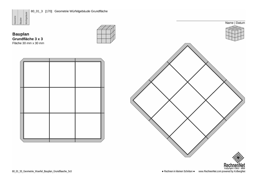 80_01_33 Geometrie Würfel Bauplan Grundfläche 3x3 30mm