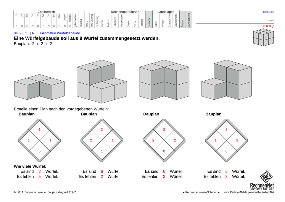Lösung: 84_22_1 Geometrie Würfel Bauplan diagonal 2x2x2