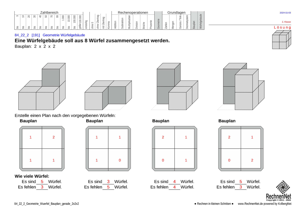 Lösung: 84_22_2 Geometrie Würfel Bauplan gerade 2x2x2