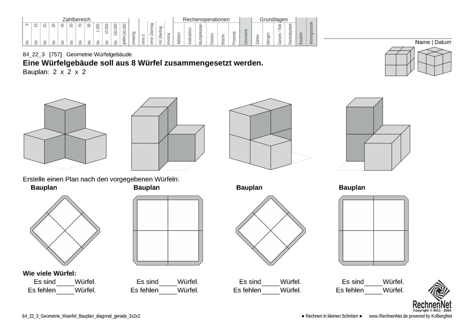 84_22_3 Geometrie Würfel Bauplane diagonal gerad 2x2x2