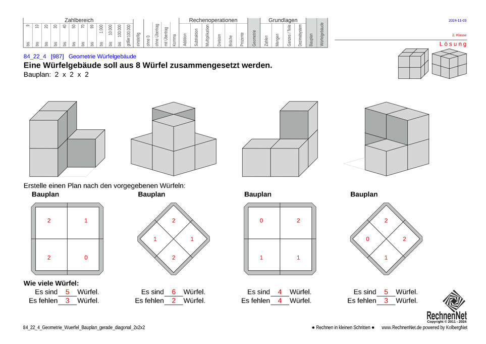 Lösung: 84_22_4 Geometrie Würfel Bauplan gerade diagonal 2x2x2