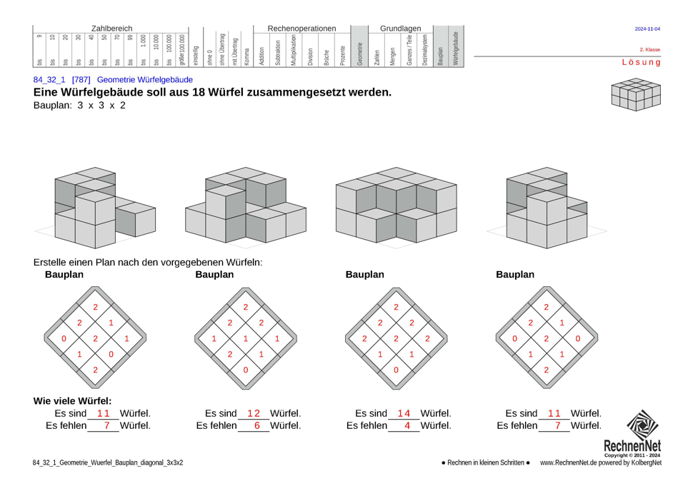 Lösung: 84_32_1 Geometrie Würfel Bauplan diagonal 3x3x2