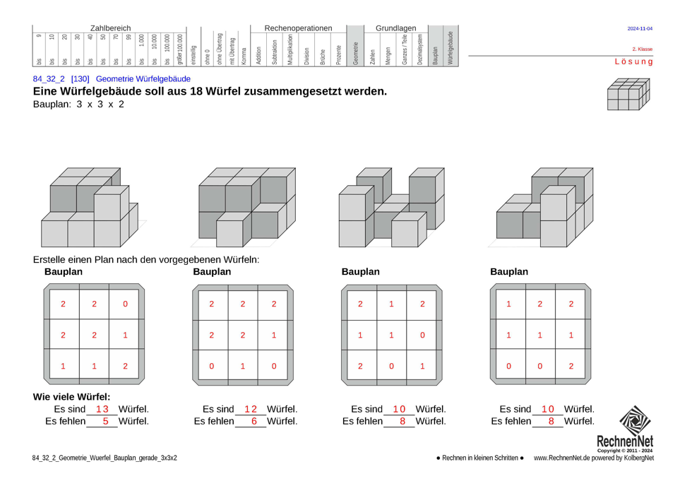 Lösung: 84_32_2 Geometrie Würfel Bauplan gerade 3x3x2