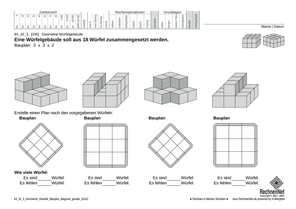 84_32_3 Geometrie Würfel Bauplan diagonal gerade 3x3x2