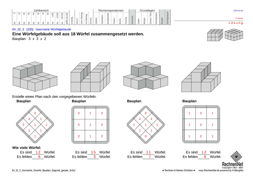 Lösung: 84_32_3 Geometrie Würfel Bauplan diagonal gerade 3x3x2