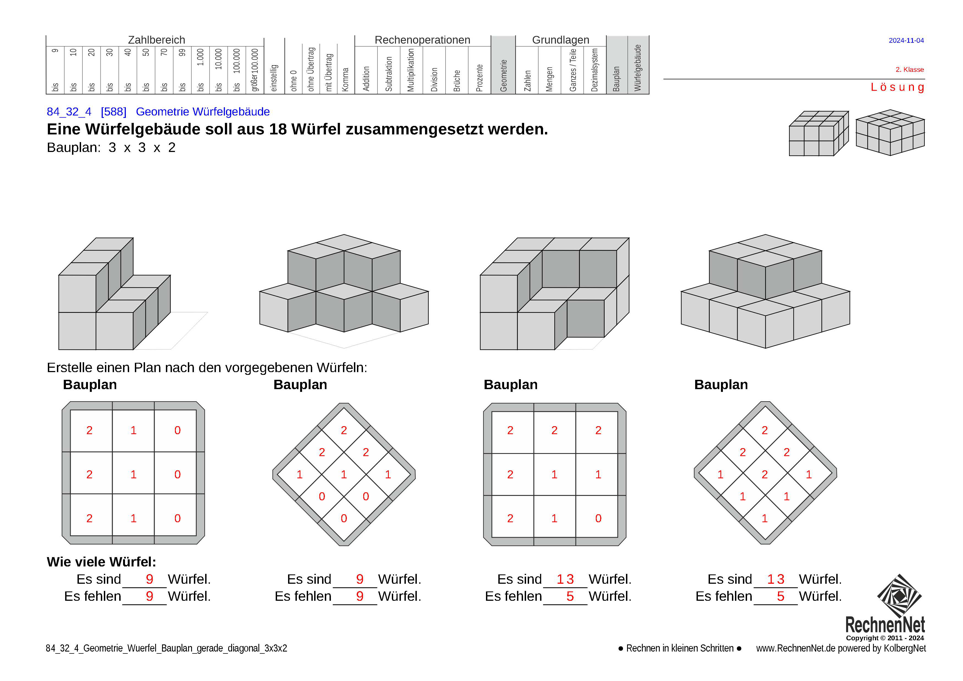 Lösung: 84_32_4 Geometrie Würfel Bauplan gerade diagonal 3x3x2