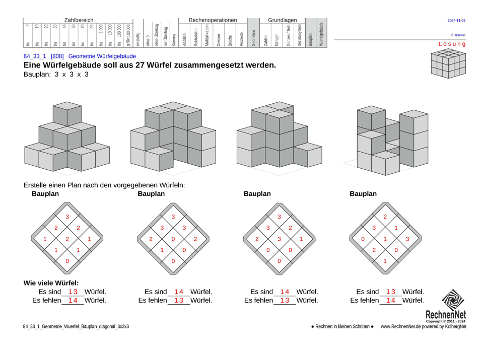 Lösung: 84_33_1 Geometrie Würfel Bauplan diagonal 3x3x3