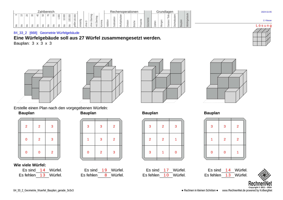 Lösung: 84_33_2 Geometrie Würfel Bauplan gerade 3x3x3