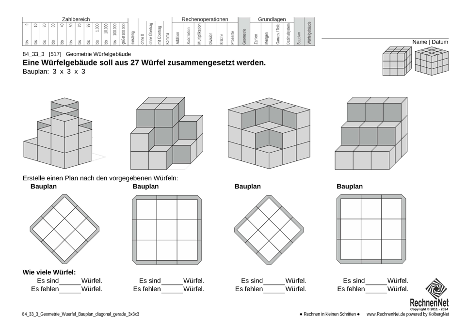 84_33_3 Geometrie Würfel Bauplan diagonal gerade 3x3x3