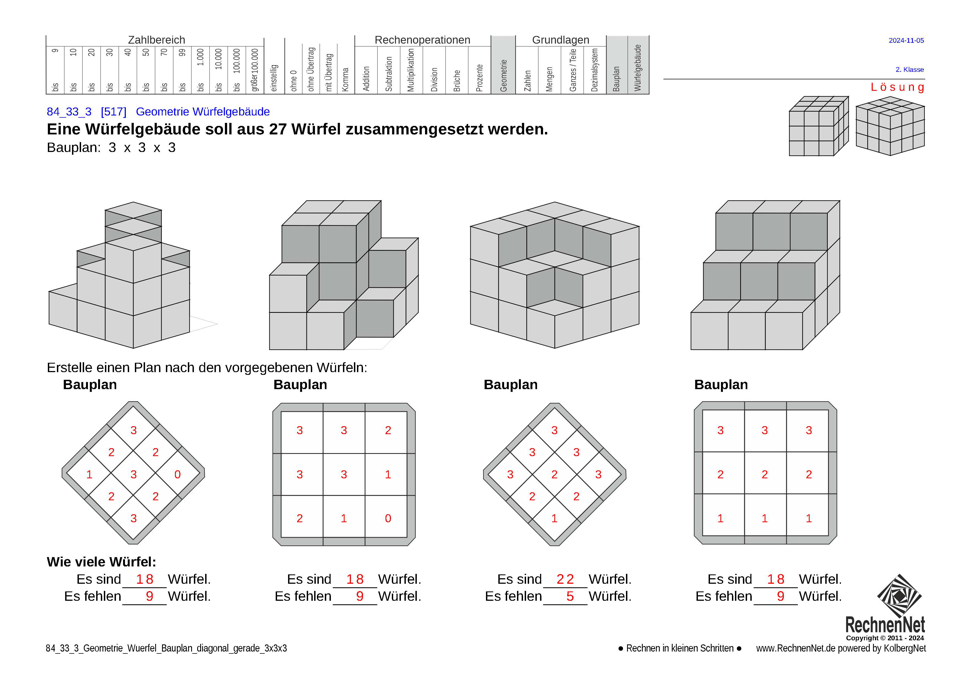 Lösung: 84_33_3 Geometrie Würfel Bauplan diagonal gerade 3x3x3