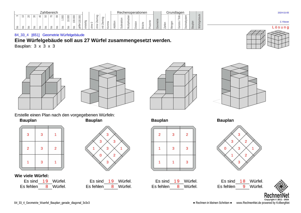 Lösung: 84_33_4 Geometrie Würfel Bauplan gerade diagonal 3x3x3