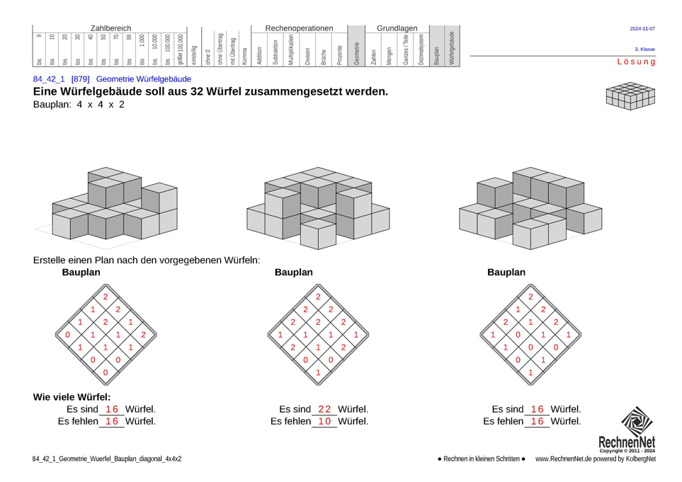 Lösung: 84_42_1 Geometrie Würfel Bauplan diagonal 4x4x2